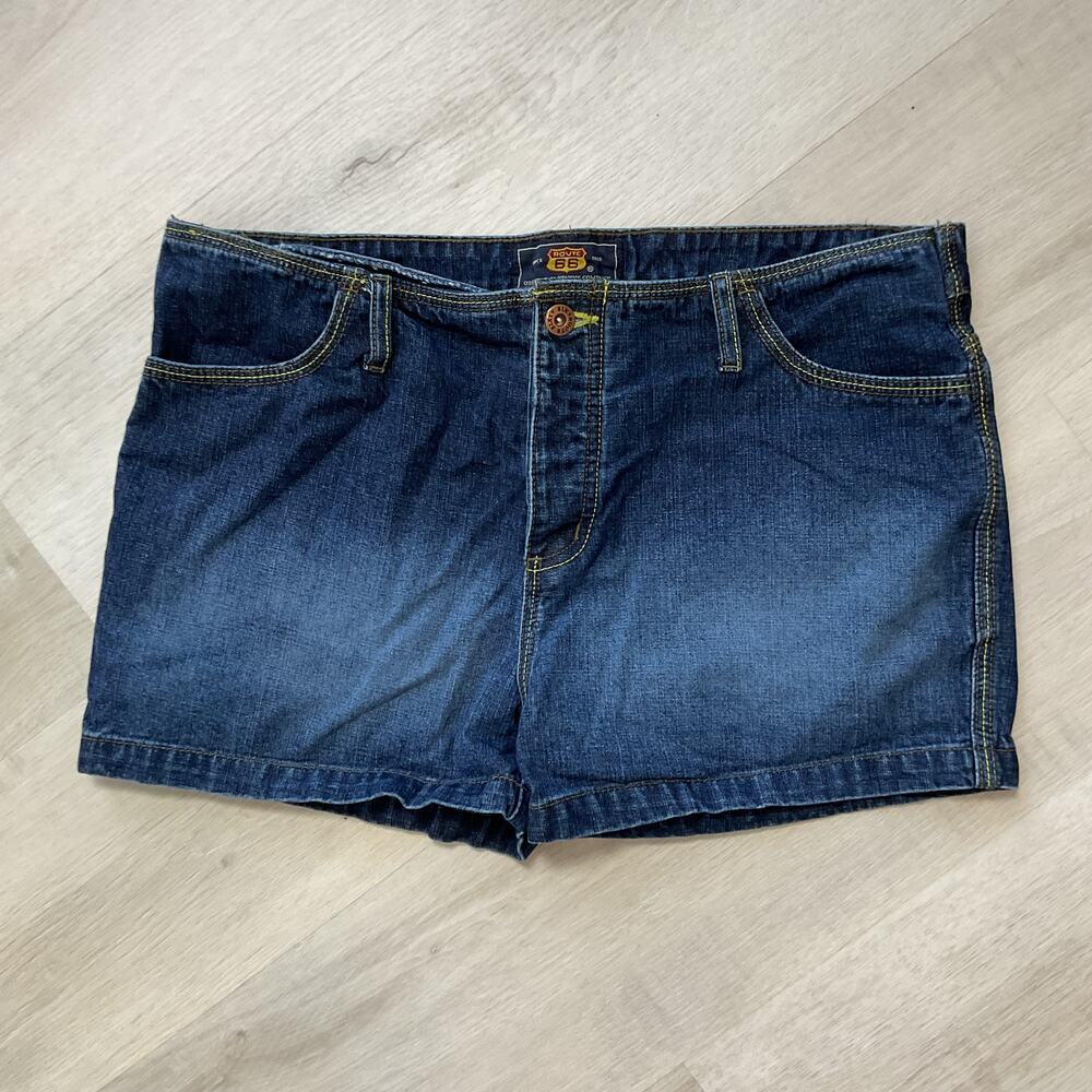 Y2K Low Rise Button Fly Shorts Route 66 Womens Pure Cotton Dark Wash Size 9 10